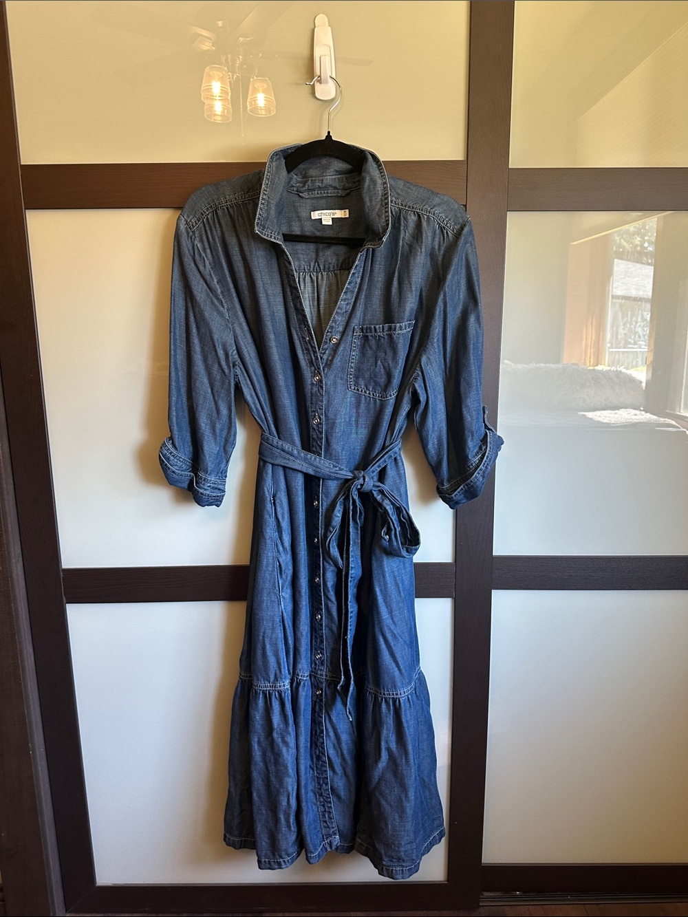 Chico's Dark Blue Denim Button-Front Shirt Dress with Tie Waist, size 16P